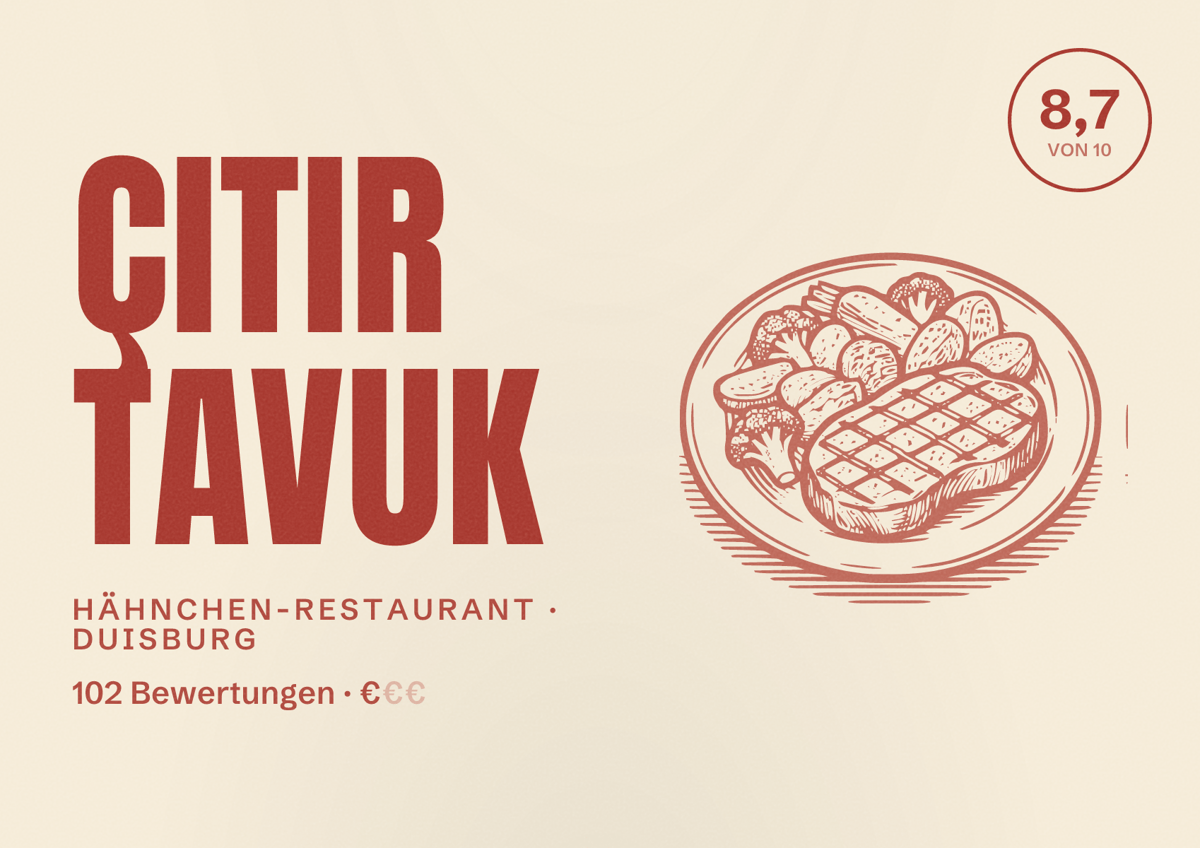 Illustriertes Poster von Çıtır Tavuk, Hähnchen-Restaurant in Duisburg: Bewertung 8,7 von 10 aus 102 Bewertungen, Preisniveau €