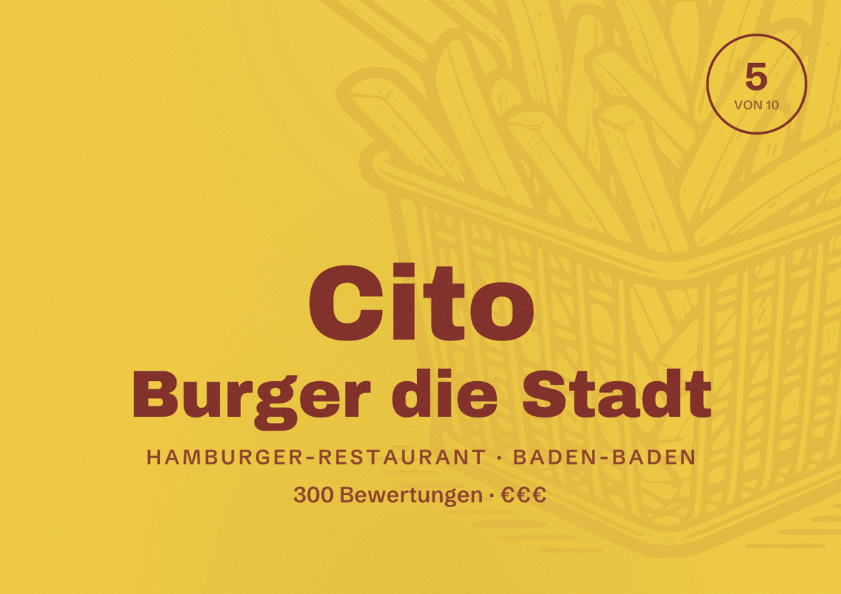 Illustriertes Poster von Cito Burger die Stadt, Hamburger-Restaurant in Baden-Baden: Bewertung 5 von 10 aus 300 Bewertungen, Preisniveau €€€
