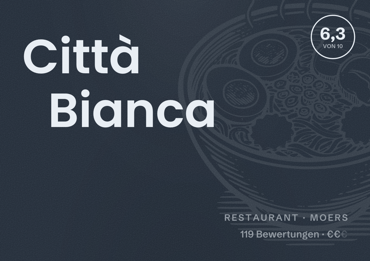 Illustriertes Poster von Città Bianca, Restaurant in Moers: Bewertung 6,3 von 10 aus 119 Bewertungen, Preisniveau €€