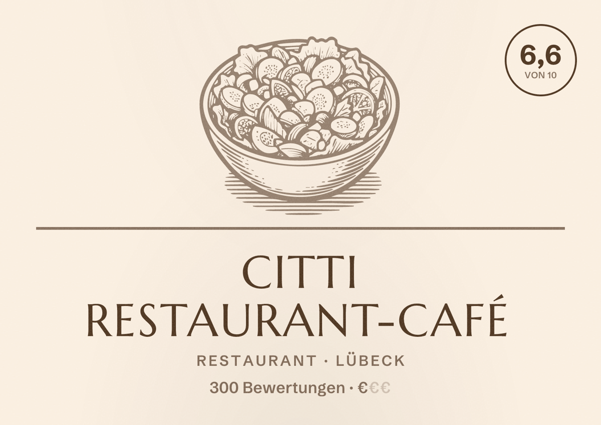 Illustriertes Poster von CITTI RESTAURANT-CAFÉ, Restaurant in Lübeck: Bewertung 6,6 von 10 aus 300 Bewertungen, Preisniveau €