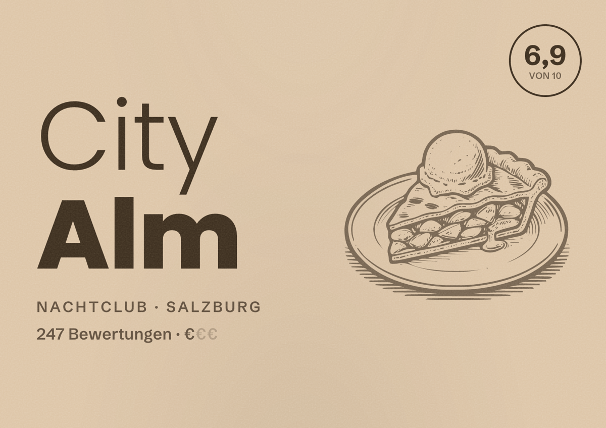 Illustriertes Poster von City Alm, Nachtclub in Salzburg: Bewertung 6,9 von 10 aus 247 Bewertungen, Preisniveau €