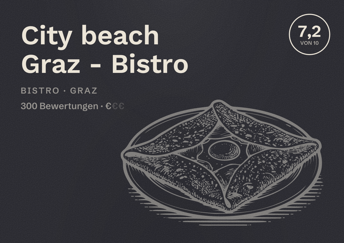 Illustriertes Poster von City beach Graz - Bistro, Bistro in Graz: Bewertung 7,2 von 10 aus 300 Bewertungen, Preisniveau €