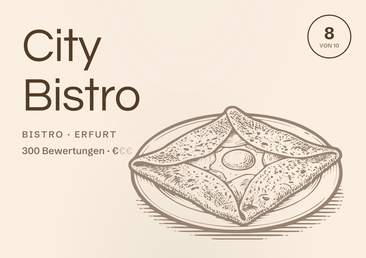 Illustriertes Poster von City Bistro, Bistro in Erfurt: Bewertung 8,0 von 10 aus 300 Bewertungen, Preisniveau €
