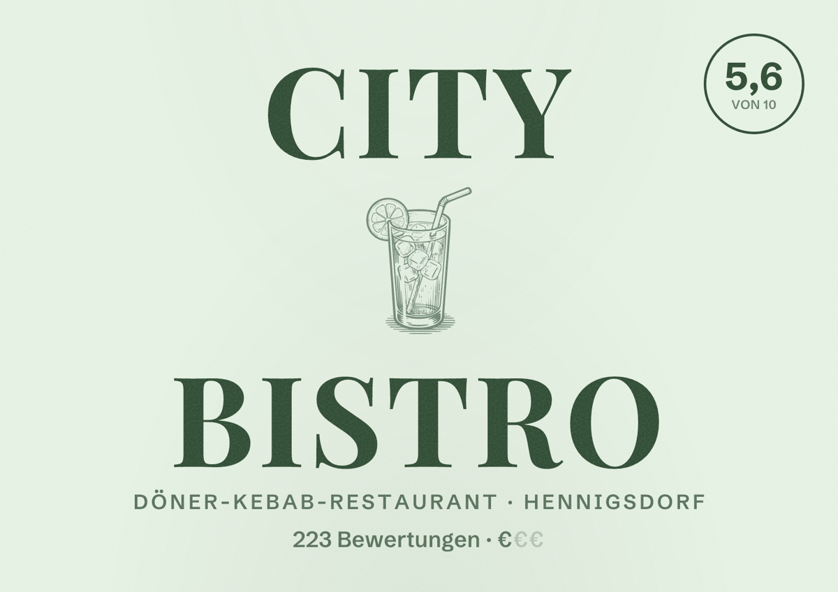 Illustriertes Poster von City Bistro, Döner-Kebab-Restaurant in Hennigsdorf: Bewertung 5,6 von 10 aus 223 Bewertungen, Preisniveau €
