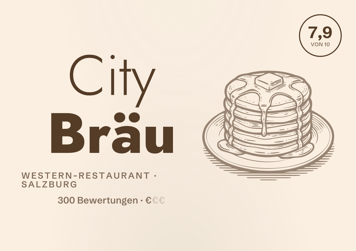 Illustriertes Poster von City Bräu, Western-Restaurant in Salzburg: Bewertung 7,9 von 10 aus 300 Bewertungen, Preisniveau €