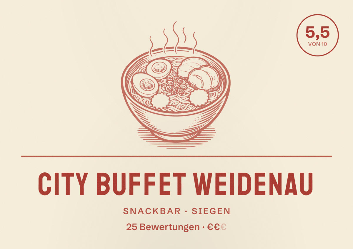 Illustriertes Poster von City Buffet Weidenau, Snackbar in Siegen: Bewertung 5,5 von 10 aus 25 Bewertungen, Preisniveau €€