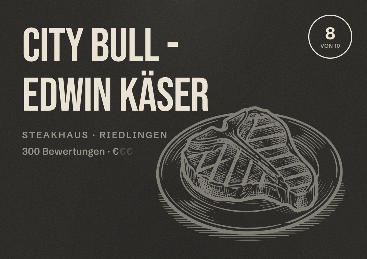 Illustriertes Poster von City Bull - Edwin Käser, Steakhaus in Riedlingen: Bewertung 8 von 10 aus 300 Bewertungen, Preisniveau €