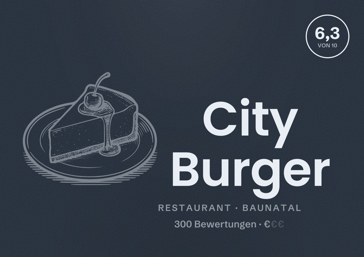 Illustriertes Poster von City Burger, Restaurant in Baunatal: Bewertung 6,3 von 10 aus 300 Bewertungen, Preisniveau €