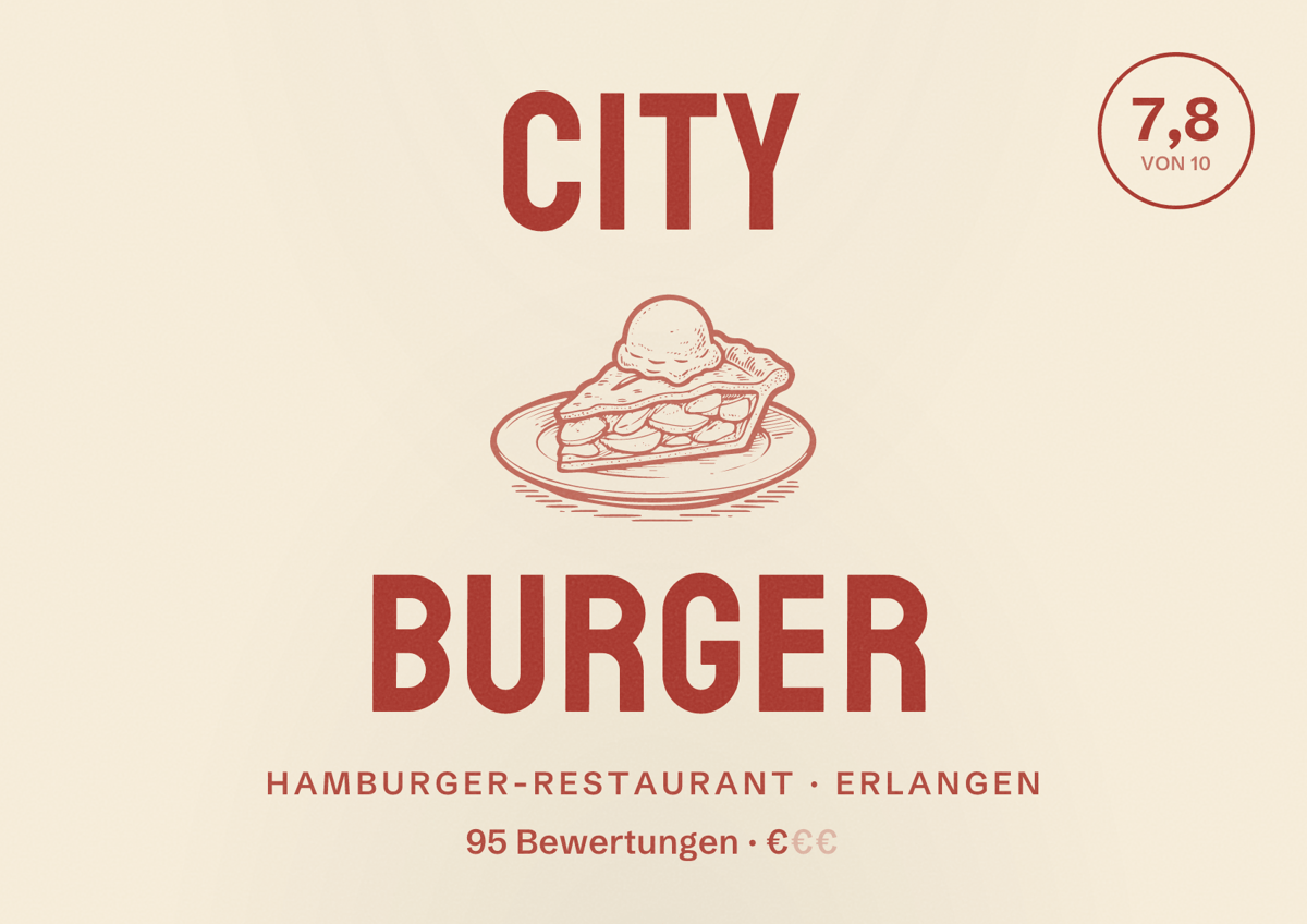 Illustriertes Poster von City Burger, Hamburger-Restaurant in Erlangen: Bewertung 7,8 von 10 aus 95 Bewertungen, Preisniveau €