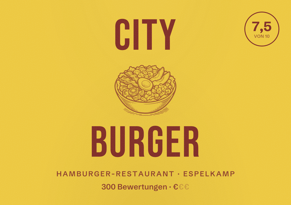 Illustriertes Poster von City Burger, Hamburger-Restaurant in Espelkamp: Bewertung 7,5 von 10 aus 300 Bewertungen, Preisniveau €
