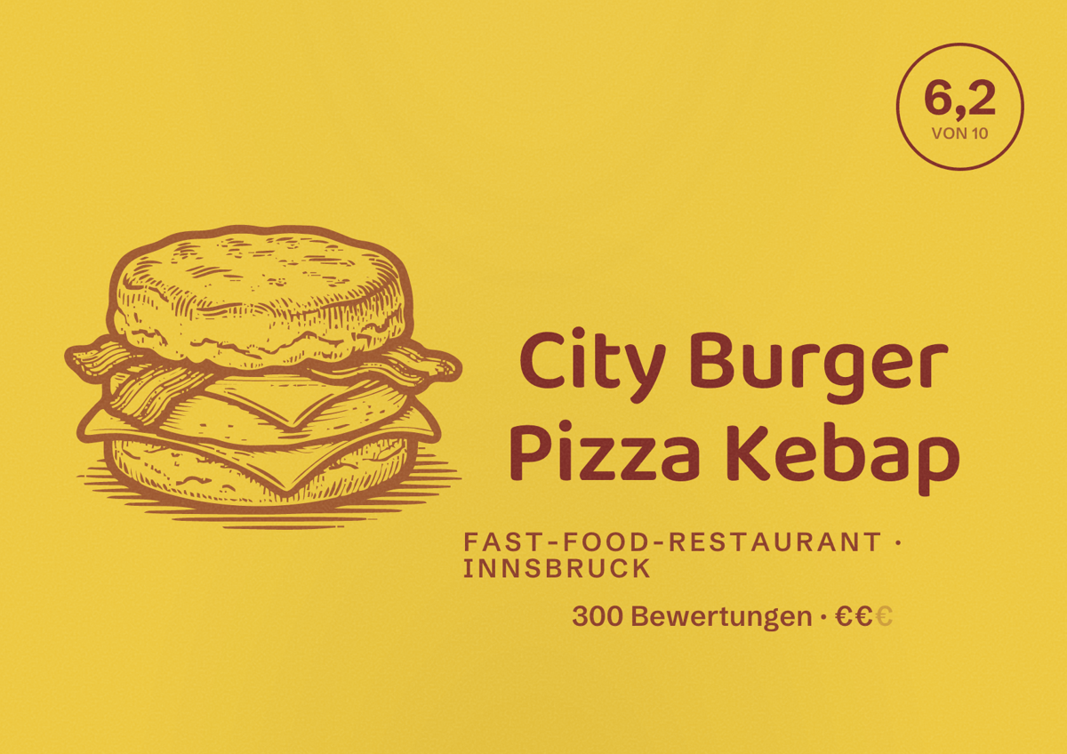 Illustriertes Poster von City Burger Pizza Kebap, Fast-Food-Restaurant in Innsbruck: Bewertung 6,2 von 10 aus 300 Bewertungen, Preisniveau €€
