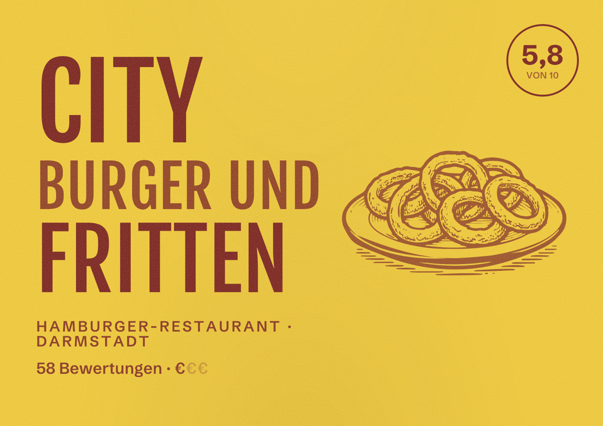 Illustriertes Poster von City Burger und Fritten, Hamburger-Restaurant in Darmstadt: Bewertung 5,8 von 10 aus 58 Bewertungen, Preisniveau €