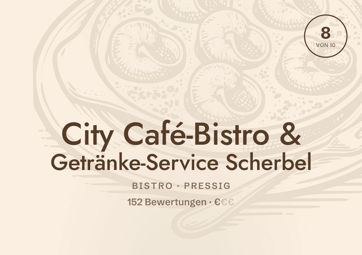 Illustriertes Poster von City Café-Bistro & Getränke-Service Scherbel, Bistro in Pressig: Bewertung 8 von 10 aus 152 Bewertungen, Preisniveau €