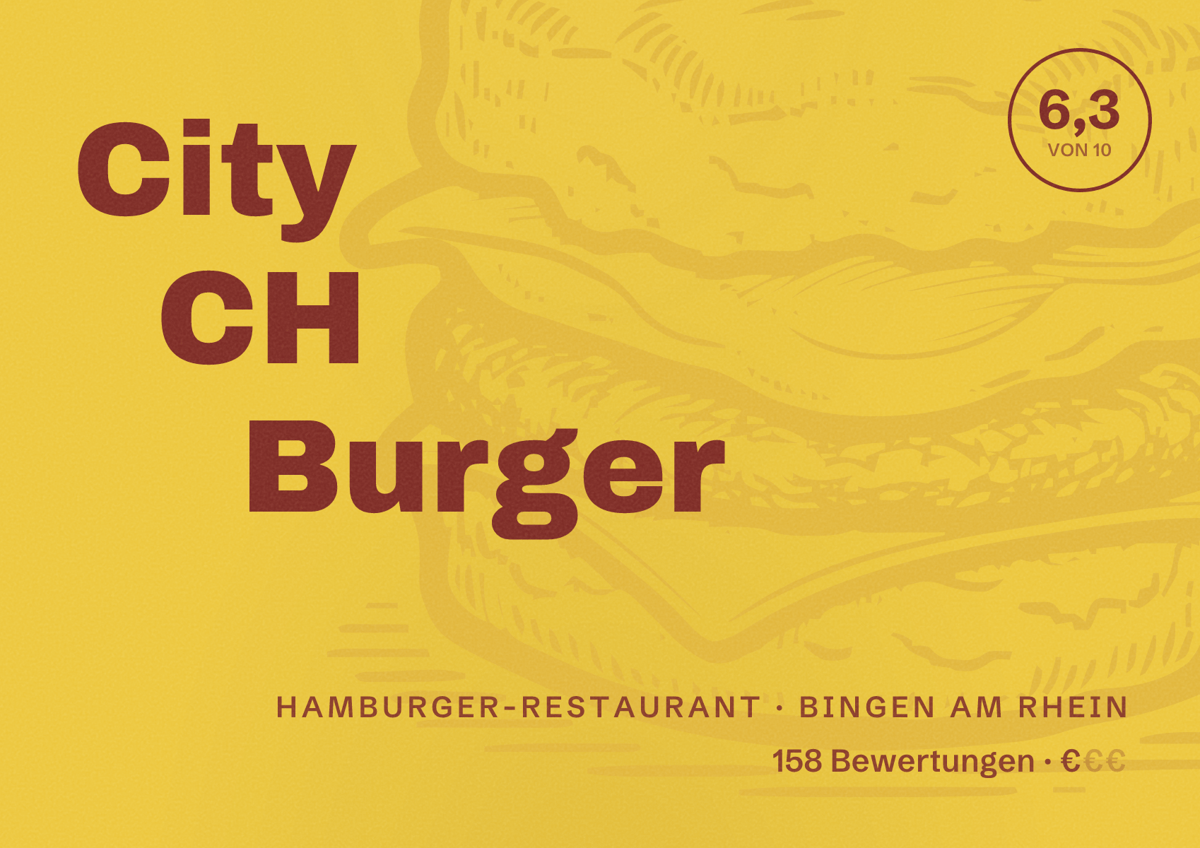 Illustriertes Poster von City CH Burger, Hamburger-Restaurant in Bingen am Rhein: Bewertung 6,3 von 10 aus 158 Bewertungen, Preisniveau €