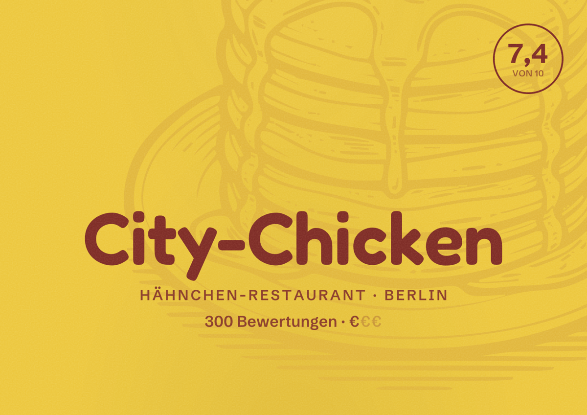 Illustriertes Poster von City-Chicken, Hähnchen-Restaurant in Berlin: Bewertung 7,4 von 10 aus 300 Bewertungen, Preisniveau €