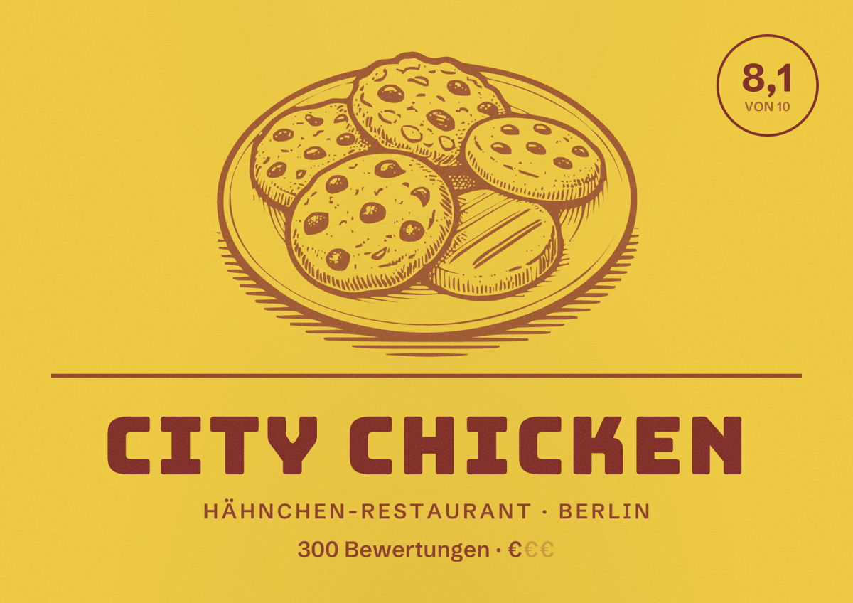 Illustriertes Poster von City Chicken, Hähnchen-Restaurant in Berlin: Bewertung 8,1 von 10 aus 300 Bewertungen, Preisniveau €