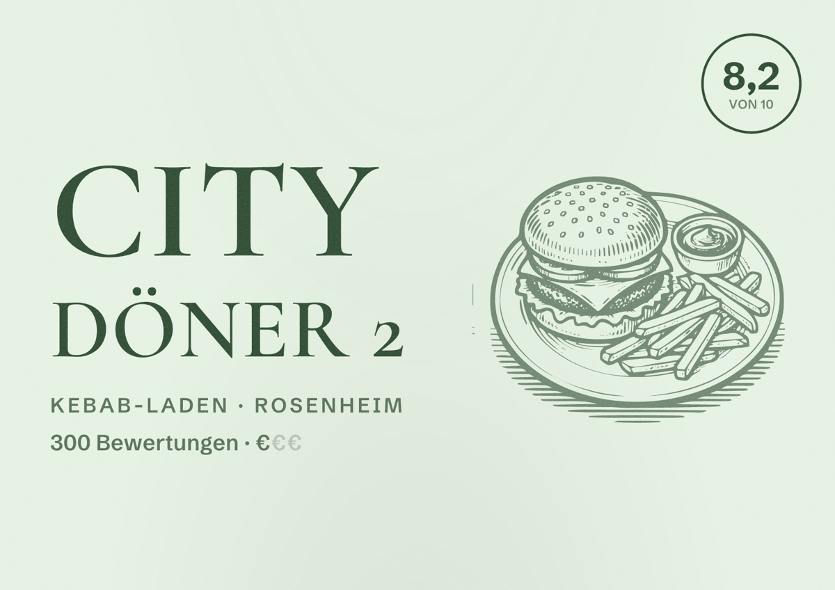 Illustriertes Poster von City Döner 2, Kebab-Laden in Rosenheim: Bewertung 8,2 von 10 aus 300 Bewertungen, Preisniveau €