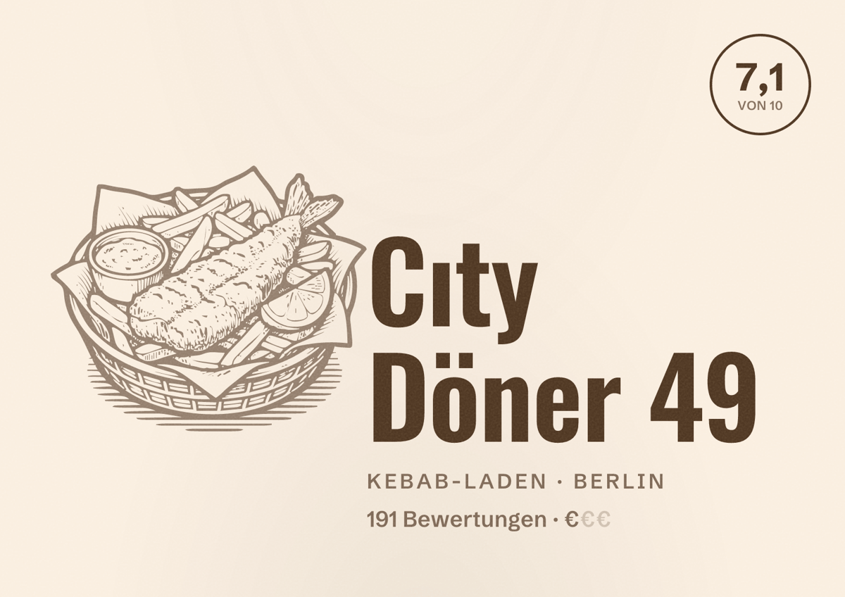 Illustriertes Poster von Cıty Döner 49, Kebab-Laden in Berlin: Bewertung 7,1 von 10 aus 191 Bewertungen, Preisniveau €