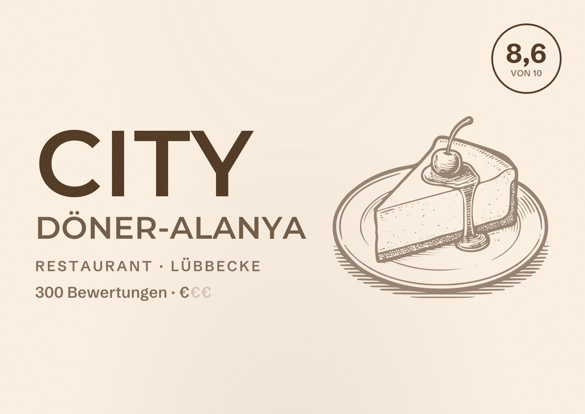 Illustriertes Poster von City Döner-Alanya, Restaurant in Lübbecke: Bewertung 8,6 von 10 aus 300 Bewertungen, Preisniveau €
