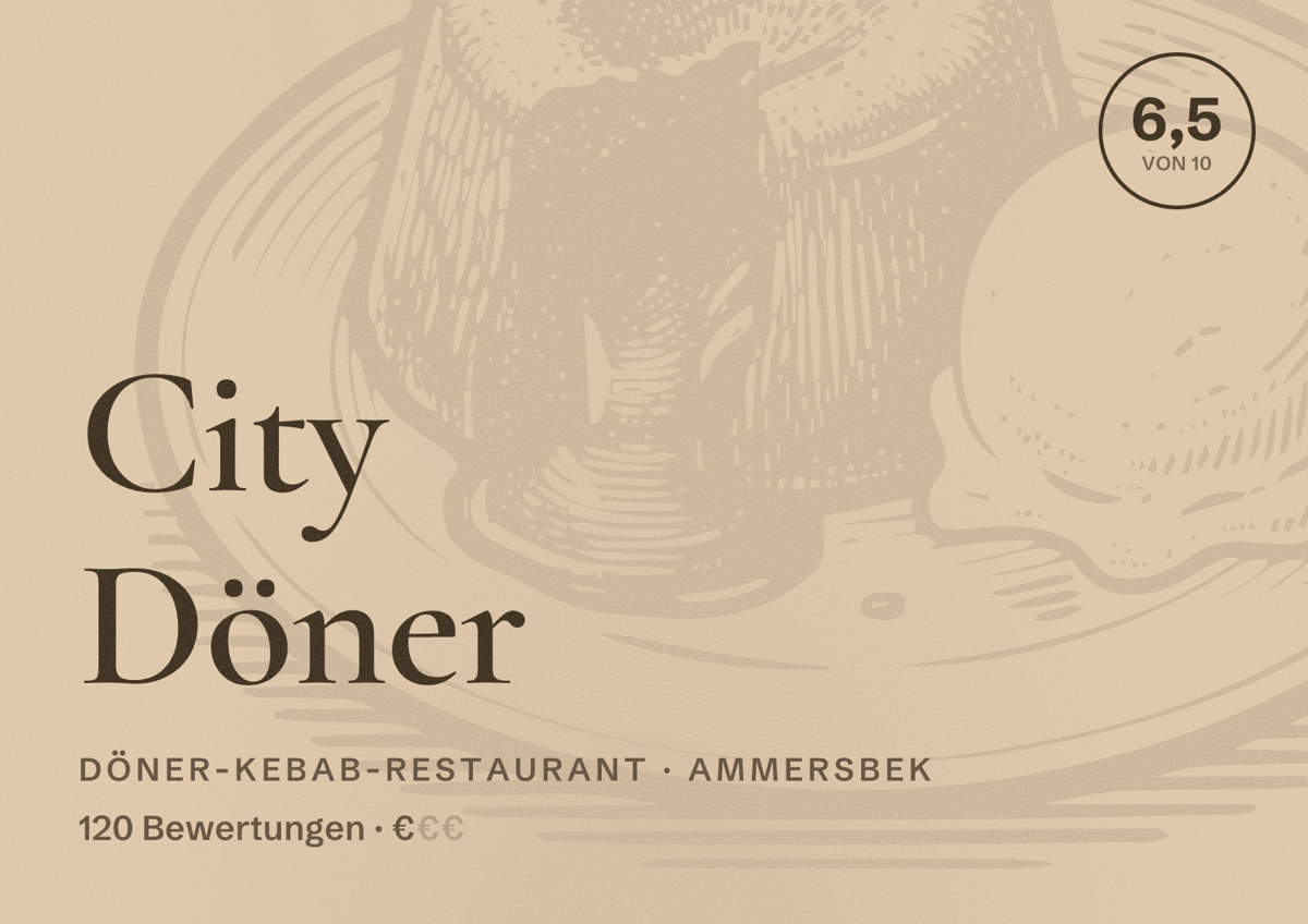 Illustriertes Poster von City Döner, Döner-Kebab-Restaurant in Ammersbek: Bewertung 6,5 von 10 aus 120 Bewertungen, Preisniveau €