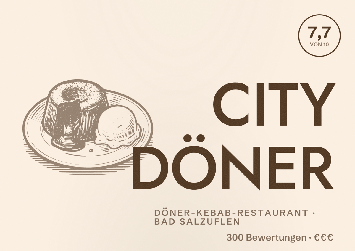 Illustriertes Poster von CITY DÖNER, Döner-Kebab-Restaurant in Bad Salzuflen: Bewertung 7,7 von 10 aus 300 Bewertungen, Preisniveau €€€