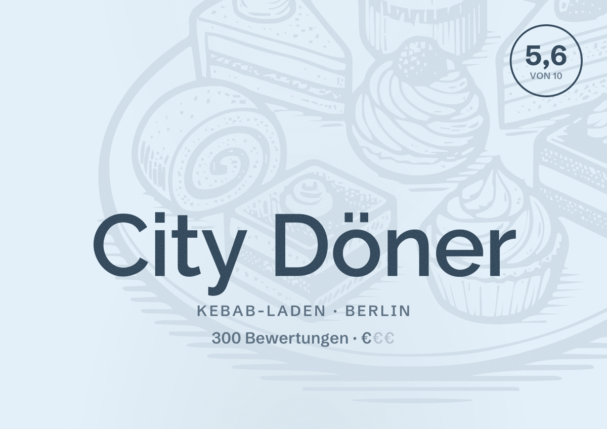 Illustriertes Poster von City Döner, Kebab-Laden in Berlin: Bewertung 5,6 von 10 aus 300 Bewertungen, Preisniveau €