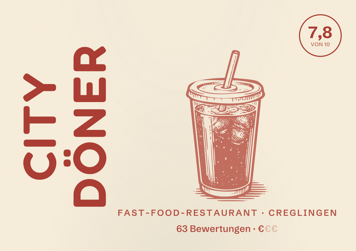 Illustriertes Poster von City Döner, Fast-Food-Restaurant in Creglingen: Bewertung 7,8 von 10 aus 63 Bewertungen, Preisniveau €