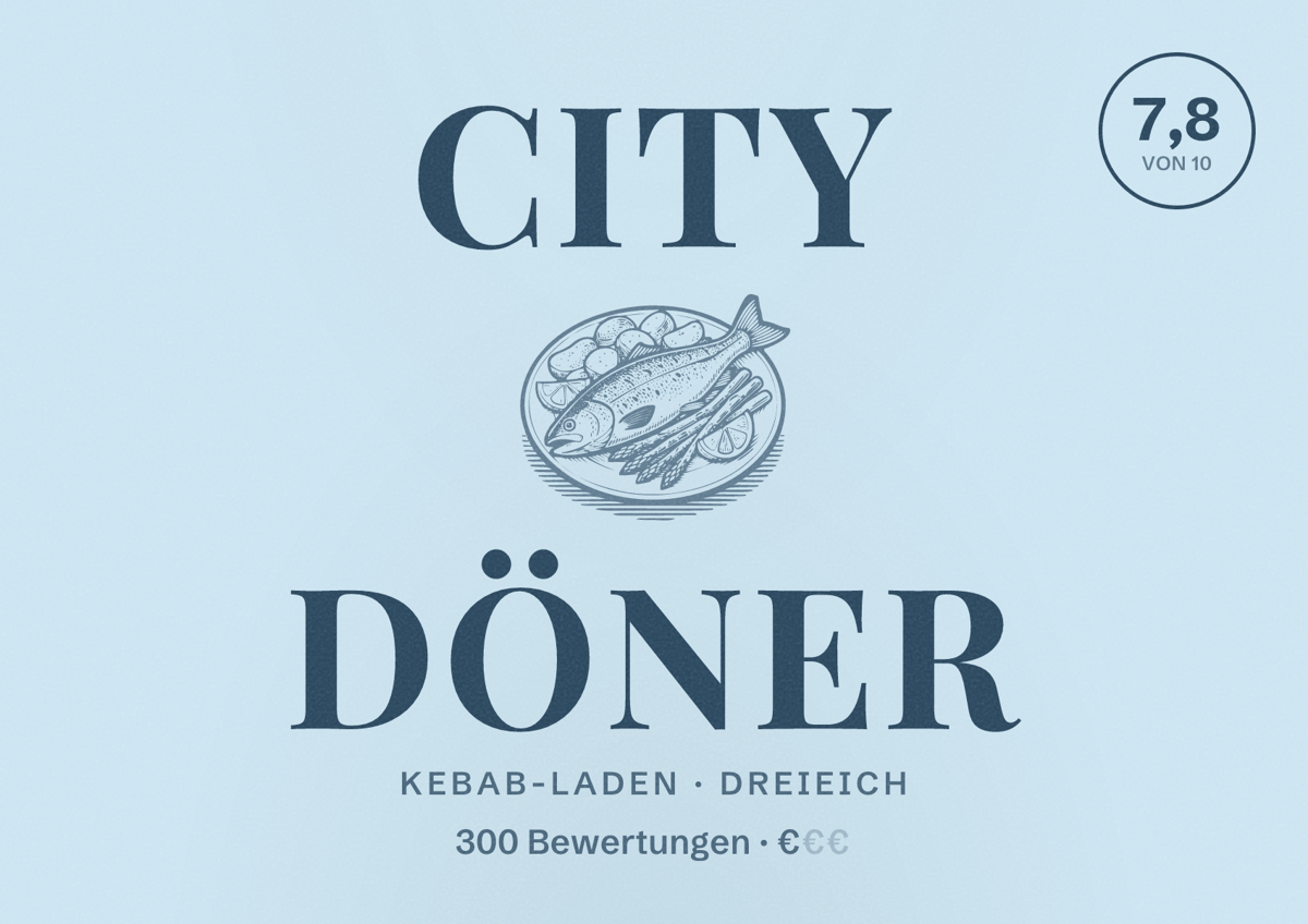 Illustriertes Poster von City Döner, Kebab-Laden in Dreieich: Bewertung 7,8 von 10 aus 300 Bewertungen, Preisniveau €