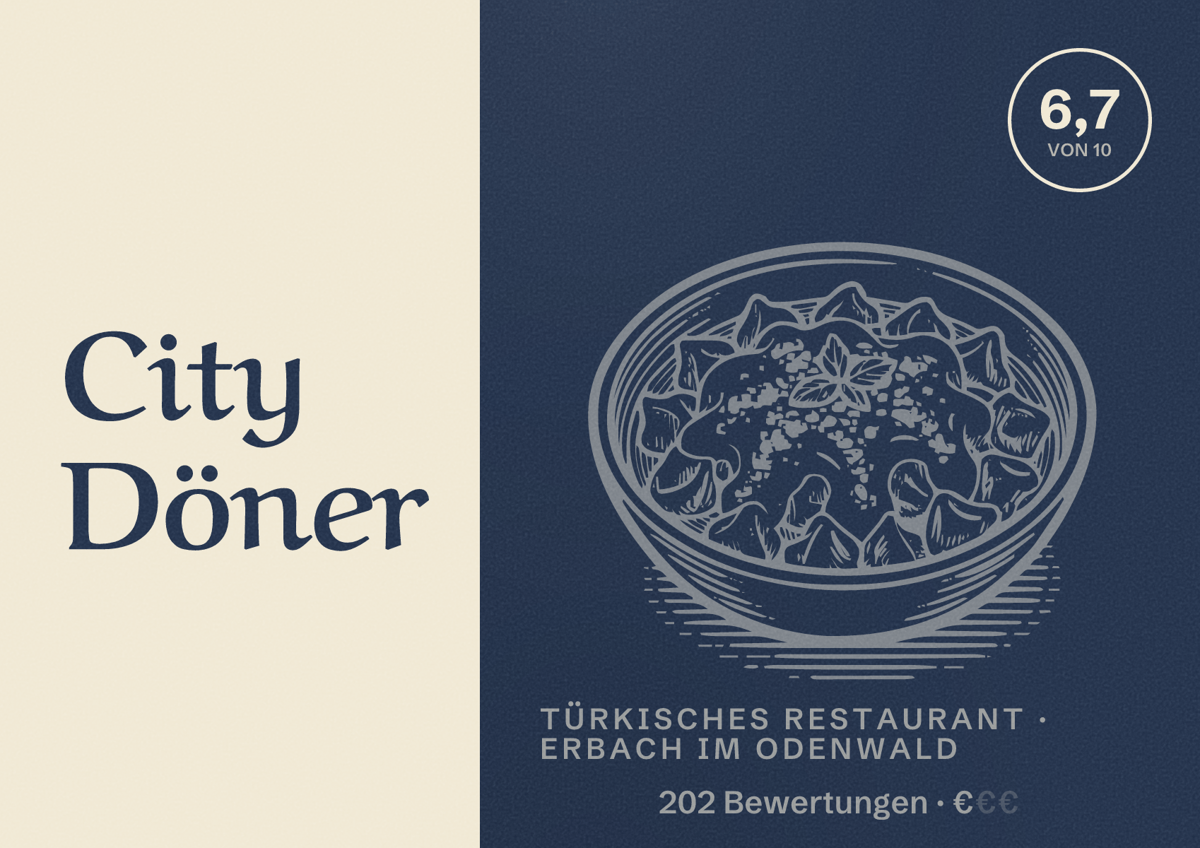 Illustriertes Poster von City Döner, Türkisches Restaurant in Erbach im Odenwald: Bewertung 6,7 von 10 aus 202 Bewertungen, Preisniveau €