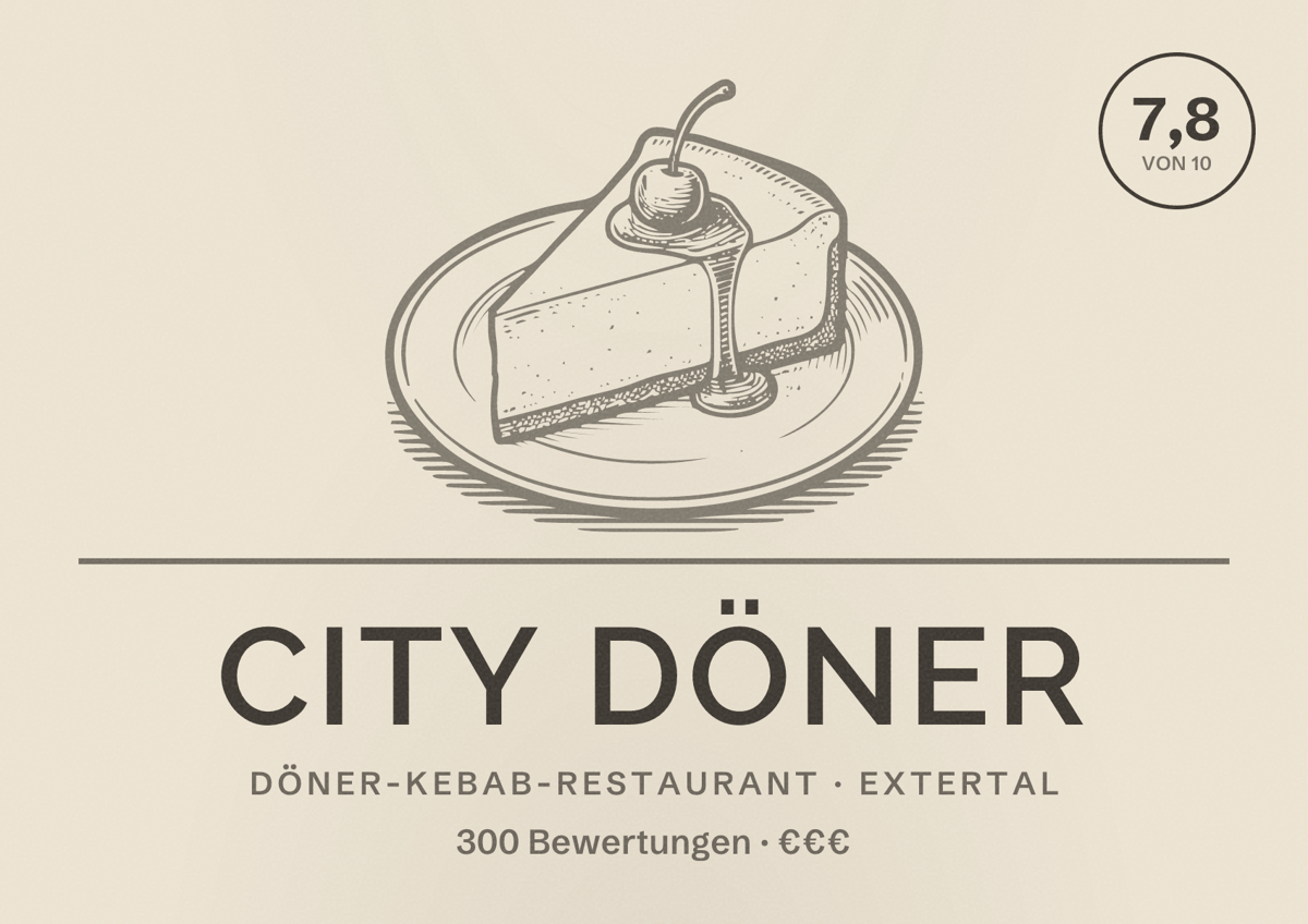 Illustriertes Poster von City Döner, Döner-Kebab-Restaurant in Extertal: Bewertung 7,8 von 10 aus 300 Bewertungen, Preisniveau €€€