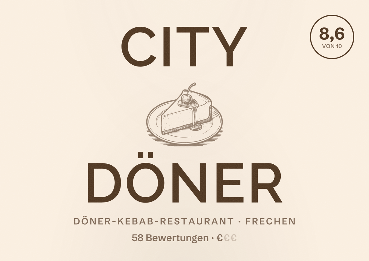 Illustriertes Poster von City Döner, Döner-Kebab-Restaurant in Frechen: Bewertung 8,6 von 10 aus 58 Bewertungen, Preisniveau €