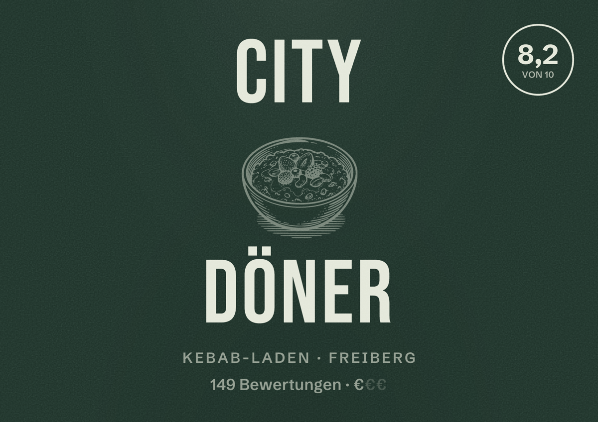 Illustriertes Poster von City Döner, Kebab-Laden in Freiberg: Bewertung 8,2 von 10 aus 149 Bewertungen, Preisniveau €