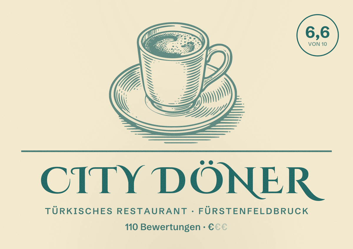 Illustriertes Poster von City Döner, Türkisches Restaurant in Fürstenfeldbruck: Bewertung 6,6 von 10 aus 110 Bewertungen, Preisniveau €