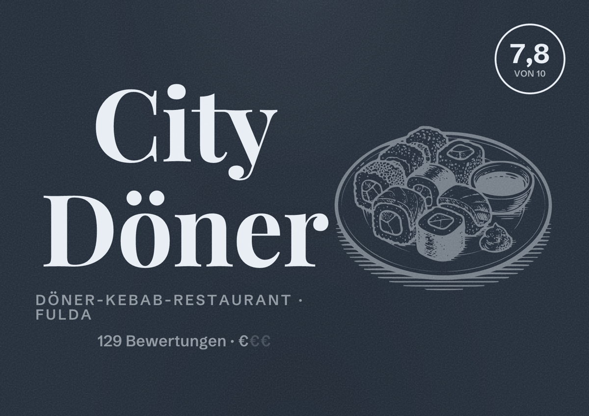 Illustriertes Poster von City Döner, Döner-Kebab-Restaurant in Fulda: Bewertung 7,8 von 10 aus 129 Bewertungen, Preisniveau €