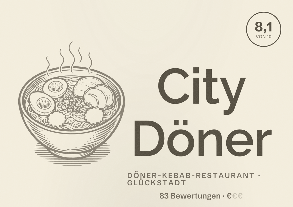Illustriertes Poster von City Döner, Döner-Kebab-Restaurant in Glückstadt: Bewertung 8,1 von 10 aus 83 Bewertungen, Preisniveau €