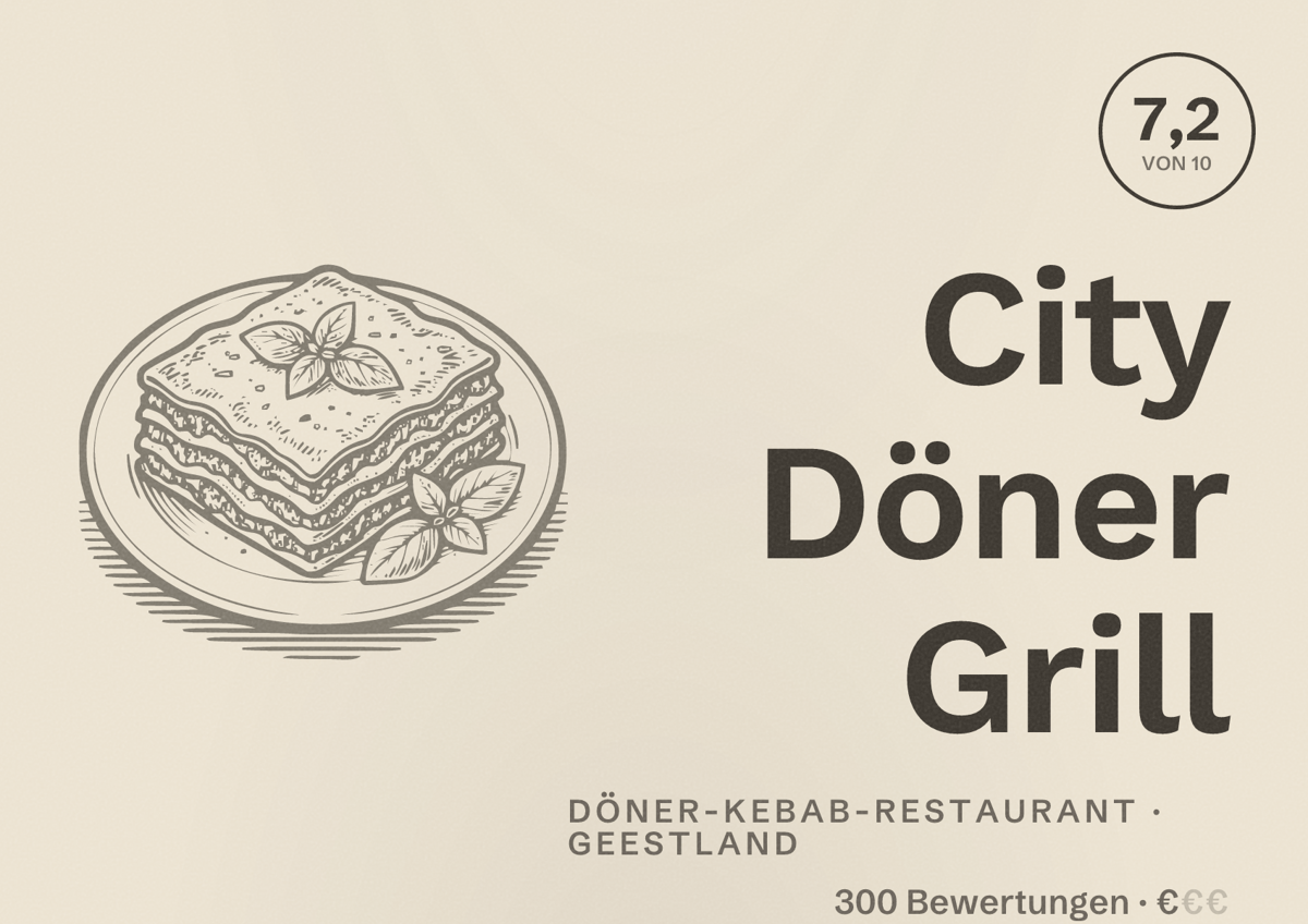 Illustriertes Poster von City Döner Grill, Döner-Kebab-Restaurant in Geestland: Bewertung 7,2 von 10 aus 300 Bewertungen, Preisniveau €