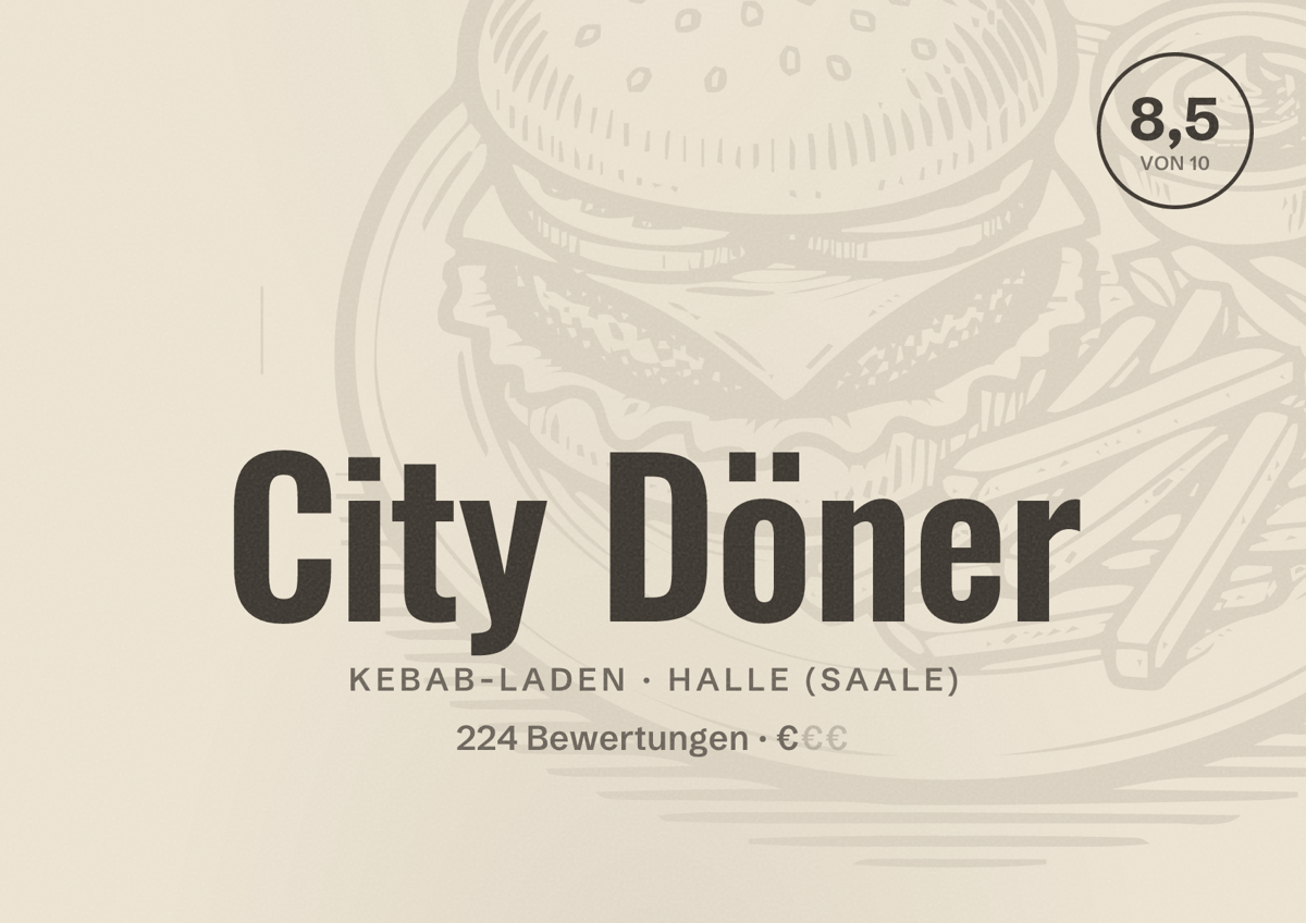 Illustriertes Poster von City Döner, Kebab-Laden in Halle (Saale): Bewertung 8,5 von 10 aus 224 Bewertungen, Preisniveau €