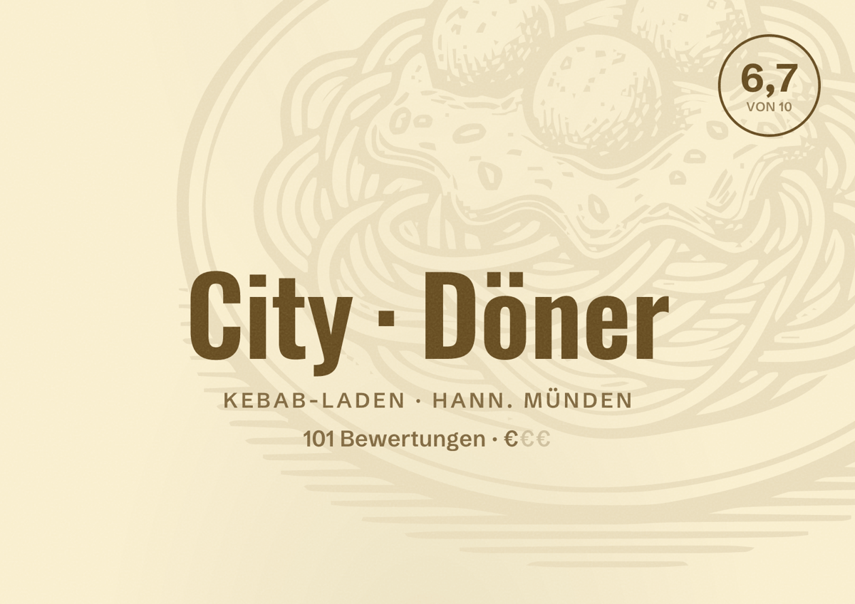Illustriertes Poster von City Döner, Kebab-Laden in Hann. Münden: Bewertung 6,7 von 10 aus 101 Bewertungen, Preisniveau €