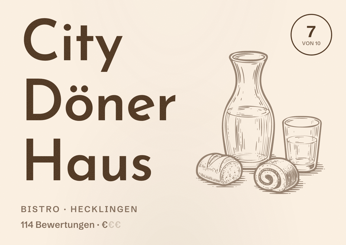 Illustriertes Poster von City Döner Haus, Bistro in Hecklingen: Bewertung 7 von 10 aus 114 Bewertungen, Preisniveau €