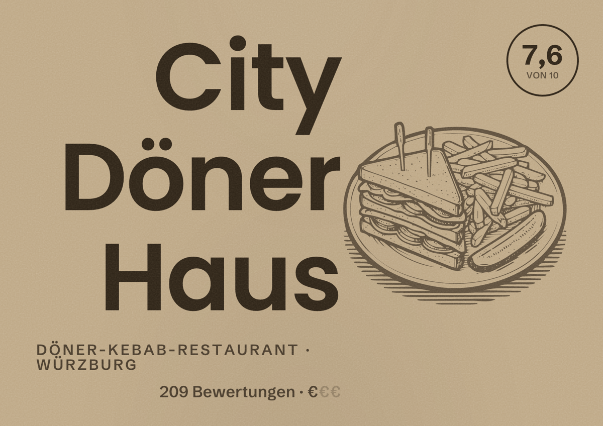 Illustriertes Poster von City Döner Haus, Döner-Kebab-Restaurant in Würzburg: Bewertung 7,6 von 10 aus 209 Bewertungen, Preisniveau €