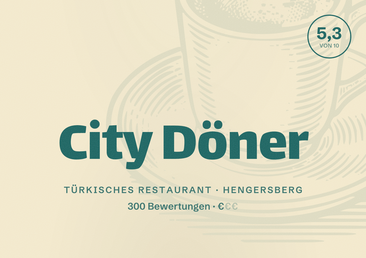 Illustriertes Poster von City Döner, Türkisches Restaurant in Hengersberg: Bewertung 5,3 von 10 aus 300 Bewertungen, Preisniveau €