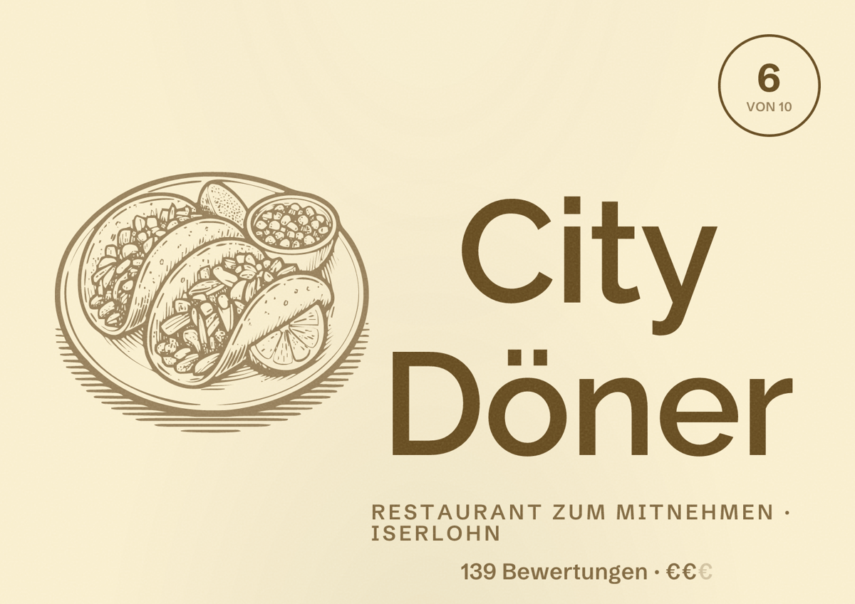 Illustriertes Poster von City Döner, Restaurant zum Mitnehmen in Iserlohn: Bewertung 6 von 10 aus 139 Bewertungen, Preisniveau €€