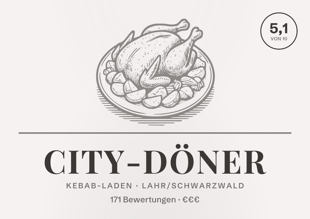 Illustriertes Poster von City-Döner, Kebab-Laden in Lahr/Schwarzwald: Bewertung 5,1 von 10 aus 171 Bewertungen, Preisniveau €€€