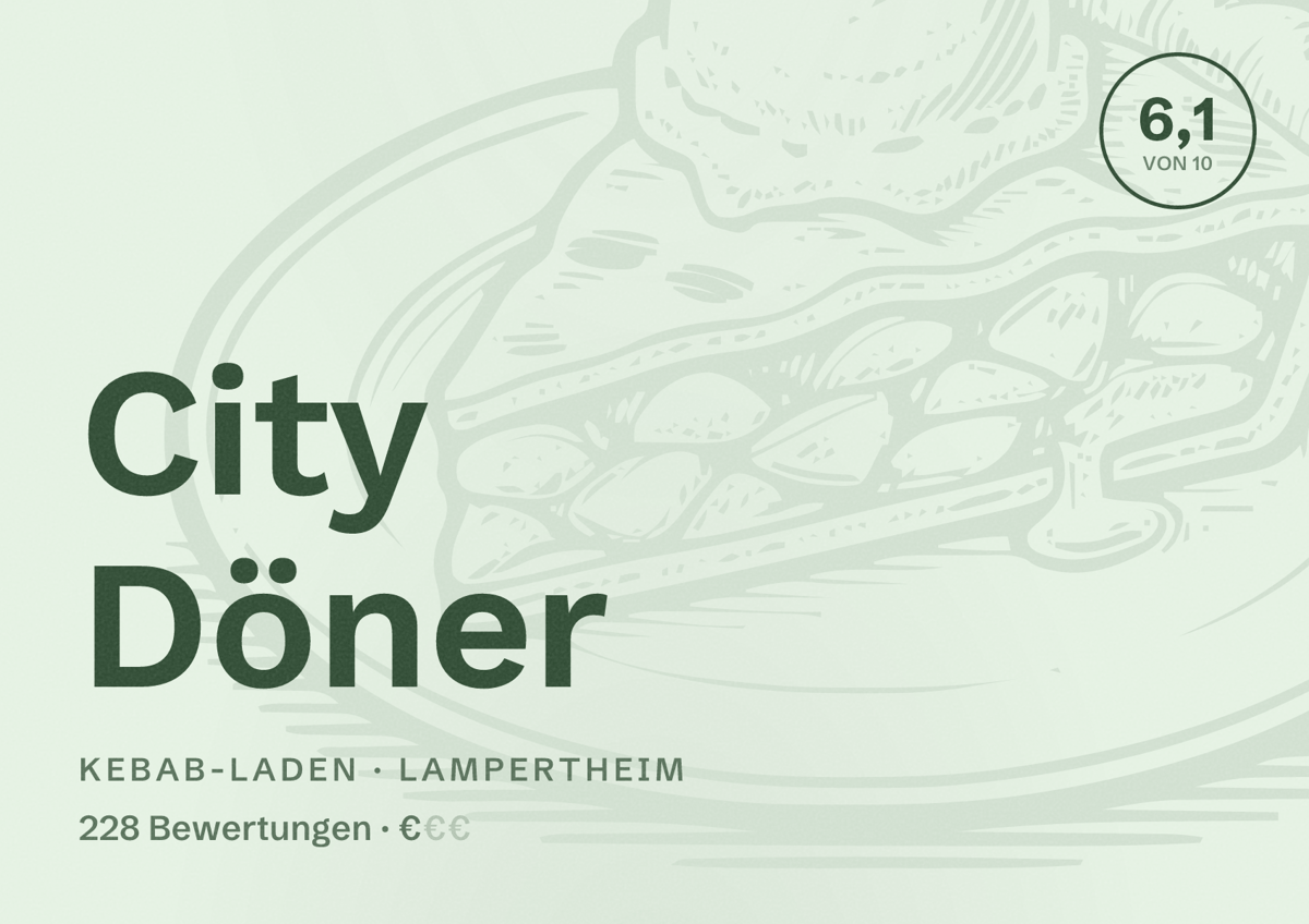 Illustriertes Poster von City Döner, Kebab-Laden in Lampertheim: Bewertung 6,1 von 10 aus 228 Bewertungen, Preisniveau €