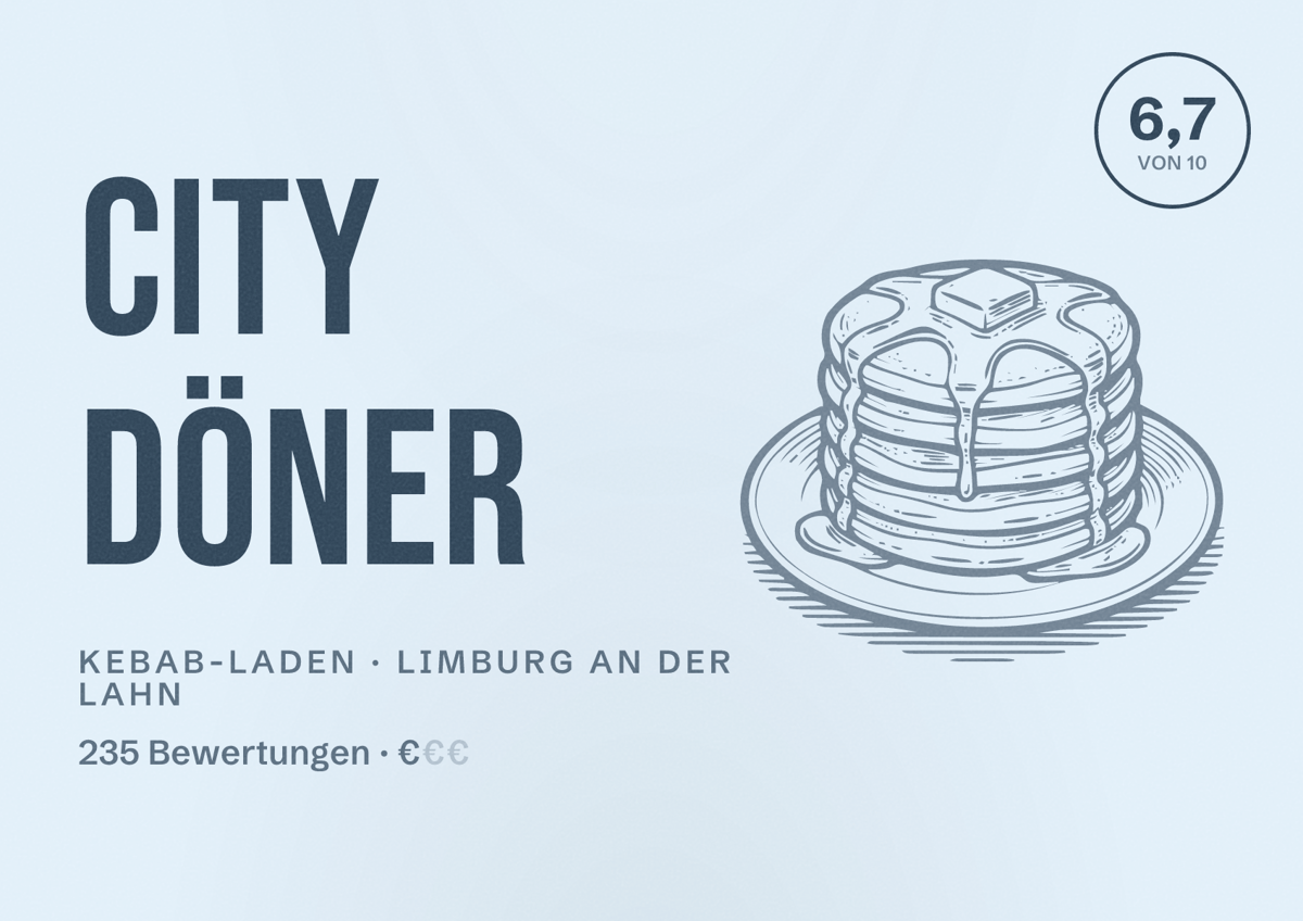 Illustriertes Poster von City Döner, Kebab-Laden in Limburg an der Lahn: Bewertung 6,7 von 10 aus 235 Bewertungen, Preisniveau €