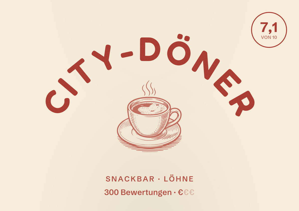 Illustriertes Poster von City-Döner, Snackbar in Löhne: Bewertung 7,1 von 10 aus 300 Bewertungen, Preisniveau €