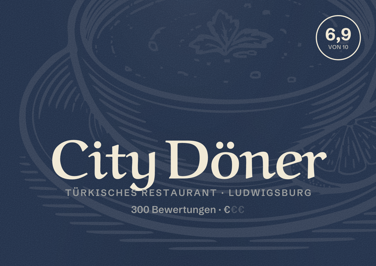 Illustriertes Poster von City Döner, Türkisches Restaurant in Ludwigsburg: Bewertung 6,9 von 10 aus 300 Bewertungen, Preisniveau €