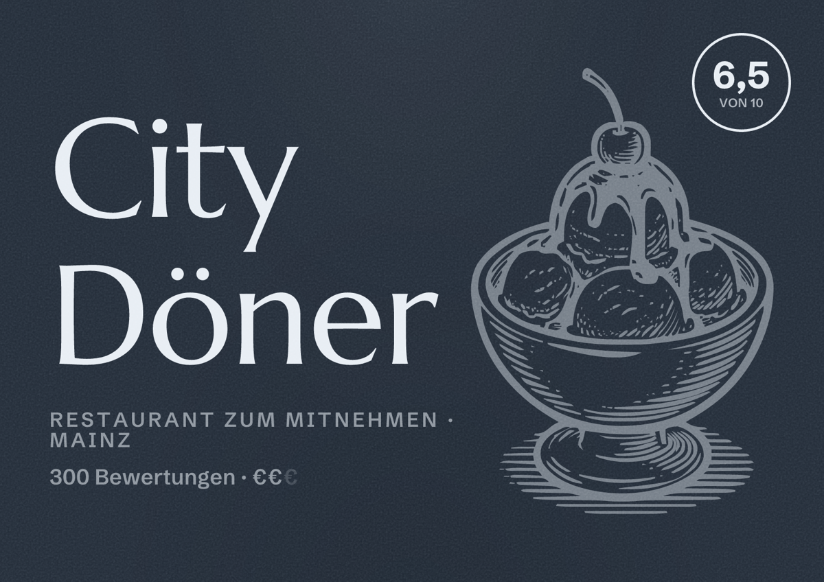 Illustriertes Poster von City Döner, Restaurant zum Mitnehmen in Mainz: Bewertung 6,5 von 10 aus 300 Bewertungen, Preisniveau €€