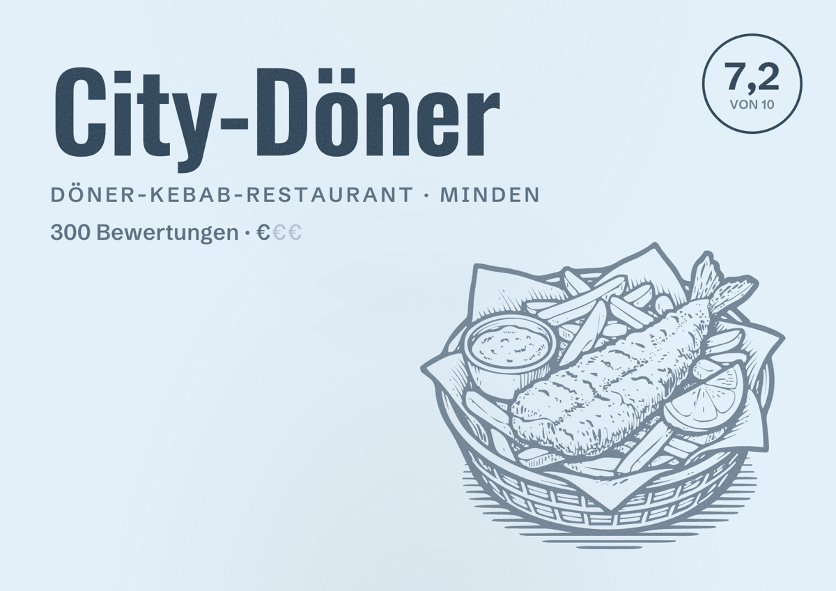Illustriertes Poster von City-Döner, Döner-Kebab-Restaurant in Minden: Bewertung 7,2 von 10 aus 300 Bewertungen, Preisniveau €