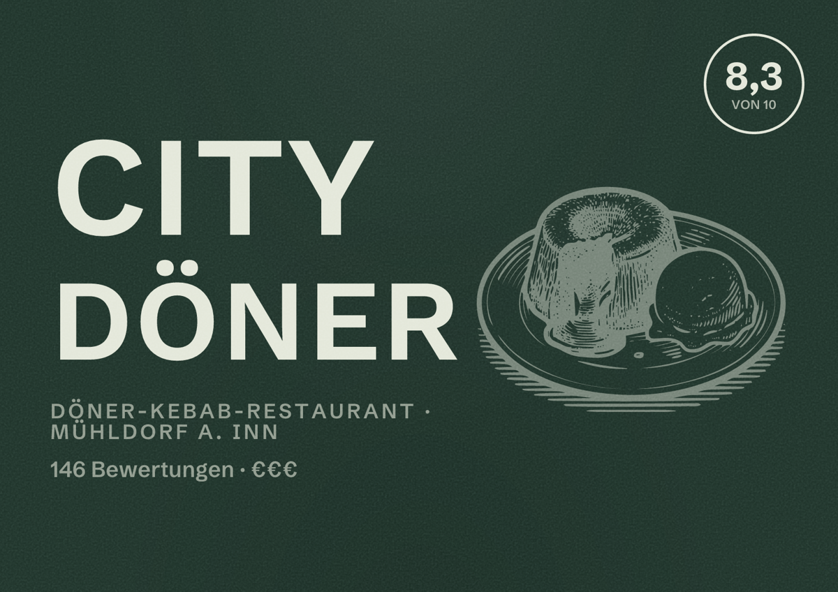 Illustriertes Poster von City Döner, Döner-Kebab-Restaurant in Mühldorf a. Inn: Bewertung 8,3 von 10 aus 146 Bewertungen, Preisniveau €€€